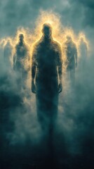 A mysterious scene with ethereal figures emerging from a foggy background, enveloped in glowing light. Perfect for themes of spirituality and introspection.