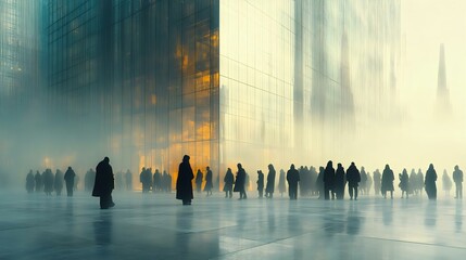 A misty urban scene with silhouettes walking near modern buildings, creating a mysterious and atmospheric ambiance that evokes contemplation.
