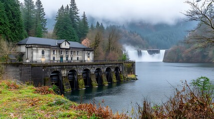 Panoramic Shot of a Hydroelectric Dam Showing Sustainable Energy Operations in a Scenic River Valley Surrounded by Lush Natural Terrain
