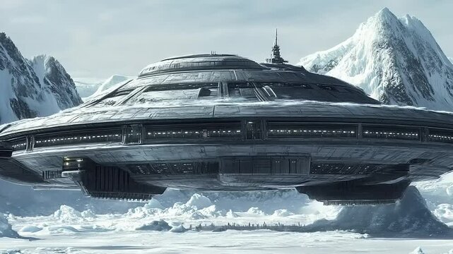 Hidden Alien Base Under Antarctic Ice: Sci-Fi Spaceship in Arctic Landscape