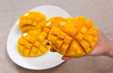 On plate - parts of cut ripe mango. Female hand holds one half of cubed orange mango. Sackcloth background