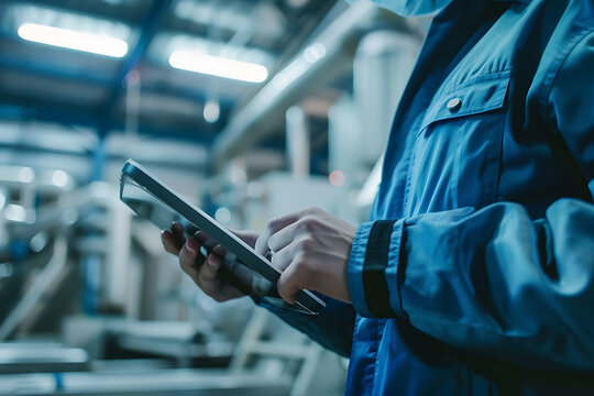 ブルー系作業服の作業員がタブレットで工場設備を確認する様子