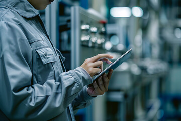 製造ラインでタブレットを操作する日本人技術者の手元