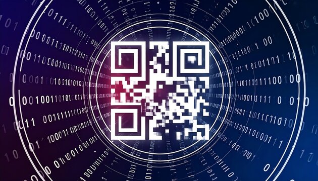 QR code surrounded by binary code - Powered by Adobe