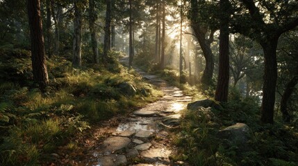 Fototapeta premium Sunlit Forest Path: A Mystical Stone Trail Through Verdant Woods