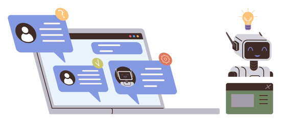 Chatbot smiling near laptop with user messages and notifications in speech bubbles. Ideal for AI, customer service, chatbot design, automation, online support, tech solutions, simple flat metaphor