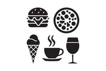 Collection of popular food and drink icons including burger pizza ice cream coffee and wine