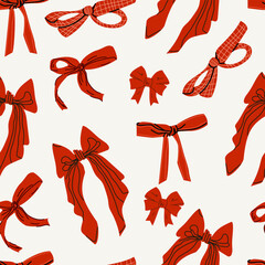 Christmas pattern with bow in cartoon style. Simple decorative bow. Red bow for presents wrapping elements isolated. Gift birthday Valentine`s xmas March 8 sale decor Poster, greeting card, invitation