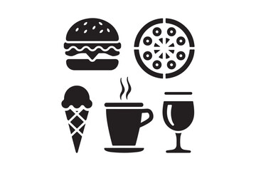 Collection of popular food and drink icons in black silhouette