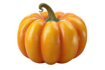 A single ripe orange pumpkin with a green curly stem isolated on transparent background