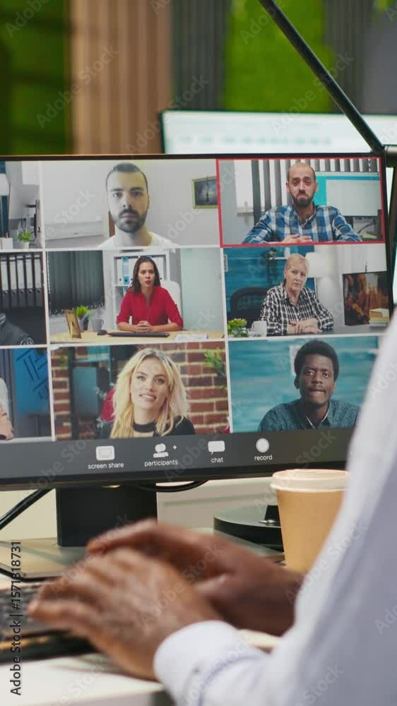 Poster vertical video tech startup office team collaborating via videocall, doing brainstorming on backup s