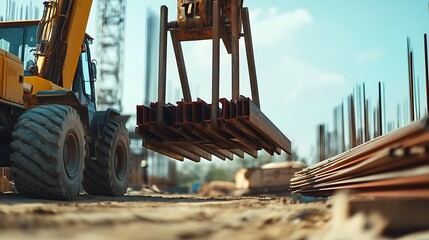 Powerful Telehandler Raising Heavy Steel Beams on an Active Construction Site Surrounded by Machinery, Workers, and Building Materials