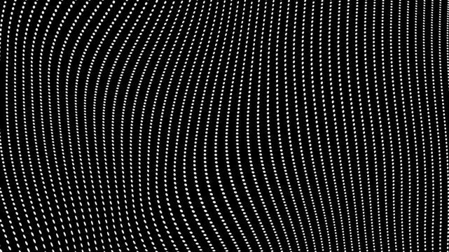 White turbulent wave dot line pattern with fast dynamic flow seamless loop animation on black background. 4K animated for motion graphics, overlays, presentations, video editing, and background.