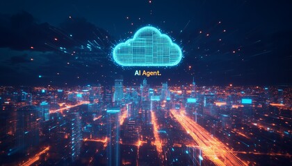 Futuristic AI-Powered Smart City Skyline with Neon Lights and Digital Connectivity at Night
