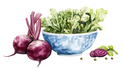 beetroots , a bowl of leaves with sliced onion on white background