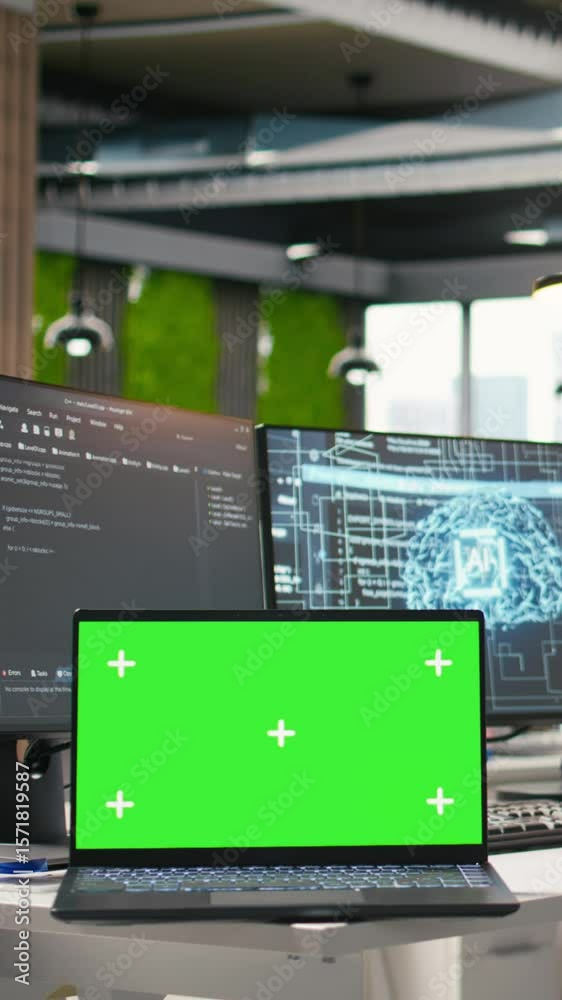 Fototapete vertical video isolated screen laptop in empty ai startup office displaying programming languages us