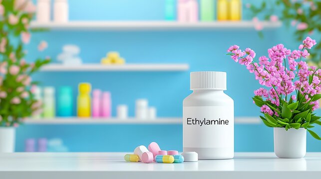A vibrant arrangement with colorful pills and a bottle labeled Ethylamine, surrounded by blooming flowers.
