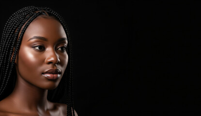a Portrait of a young Black woman with braided hair, glowing skin, and natural makeup, exuding confidence and elegance against a black background with space on the right for text.