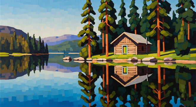 Serene landscape featuring a cabin by a lake. Tall pine trees surround the cabin, and the scene is reflected beautifully on the calm water.