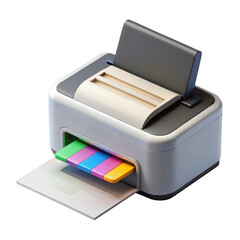 Modern color printer with paper output and ink cartridges isolated on transparent background