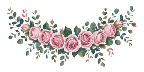Pink Rose Eucalyptus Garland Illustration – Romantic Floral Vector with Greenery, Botanical Arrangement for Wedding Invitation, Greeting Card, Spring Decoration, Feminine Design Element