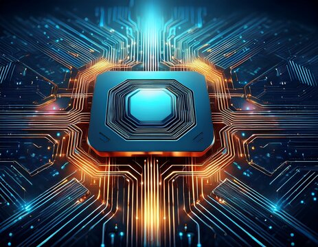 graphic of an ai microchip surrounded by electronic circuit lines on dark background ideal for tech innovation or ai related designs