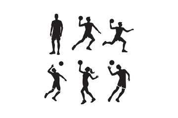 Dynamic Volleyball Players Silhouette Set.A collection of black silhouette illustrations of male volleyball players in various dynamic action poses.