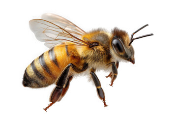 Detailed macro photograph of a honey bee with wings spread isolated on transparent background
