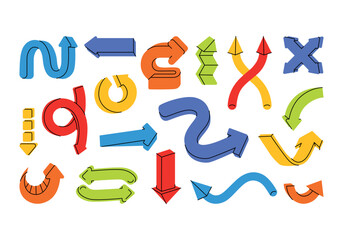 Arrows, points, design elements, actions and movement signs, pointers set. Pointing icons for direction, navigation in computer interface. Flat vector illustration isolated on white background. 