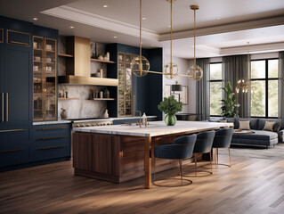 Fototapeta premium Retro and midcentury modern inspired kitchen interior and navy and bronze. Midimalist kitchen interior concept. VIntage kitchen style.