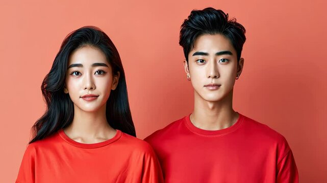 Harmony in Crimson: A portrait of a refined couple radiating composure against a vibrant backdrop, embodying a sense of balance.