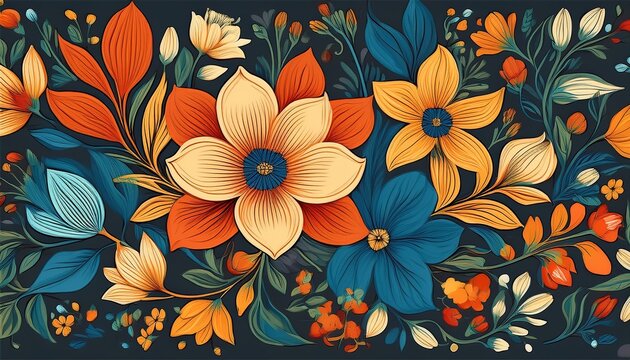 vibrant floral pattern with intricate details showcasing blooming flowers in various colors