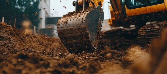 Fototapeta premium Heavy Yellow Excavator Powerfully Excavating Soil at Construction Site While Dirt Flies Around from Rapid Machine Movement