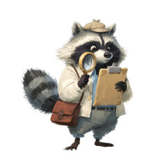Fototapeta premium Cartoon raccoon wearing detective clothes holding a magnifying glass and clipboard looking focused