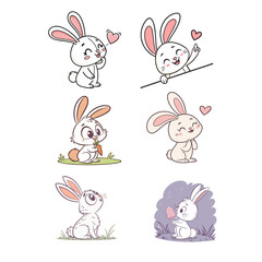 Cute Cartoon Bunny Clipart Set – Vector Rabbits with Hearts and Carrots