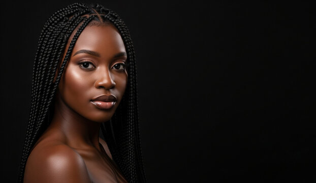 Portrait of a young Black woman with braided hair, glowing skin, and natural makeup, exuding confidence and elegance with space on the right for text