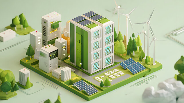Isometric 3D model of a futuristic green city powered by renewable energy from solar panels and wind turbines.