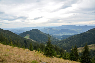 Mountainous scenery showcasing lush forests, rolling hills, and valleys, accompanied by cloudy...