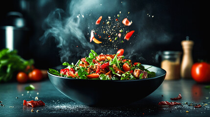 A realistic studio photo of a salad bowl teeming with assorted garden vegetables, from leafy greens to juicy tomatoes, emphasizes healthy living and the beauty of fresh produce.