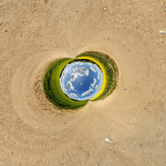 creative tiny planet photo of a rural landscape with dirt road, green fields, and cloudy sky...