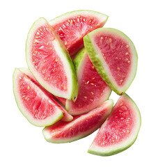 A vibrant heap of sliced guava fruit, its pink flesh peeking from beneath the green skin.