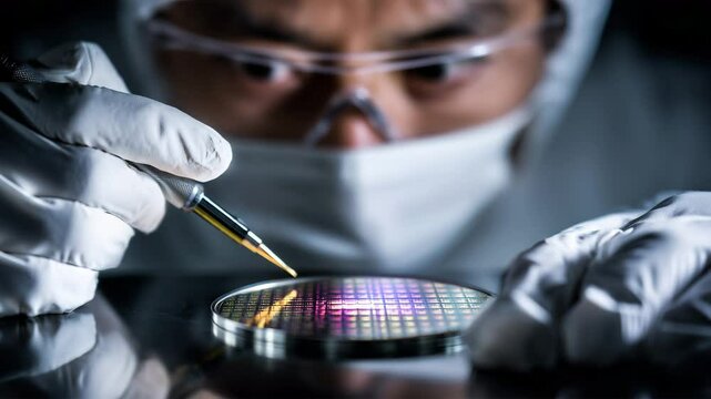 ウェーハの不良箇所にマークを付ける手元作業構図