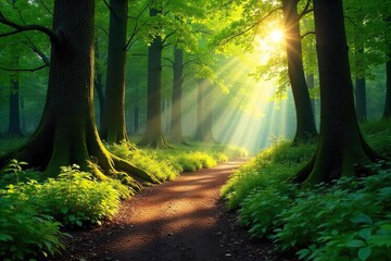 Sunlit Path Winding Through Lush Ancient Forest Magical Mossy Woods, Perfect for Nature Travel & Environmental Projects