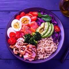 Low-carb meal spread with grilled salmon, eggs, avocado, nuts, leafy greens, and olive oil on a rustic table. Bright, natural light highlights fresh, healthy ingredients.