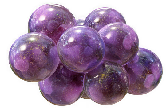 Cluster of shimmering purple galaxy spheres isolated on transparent background