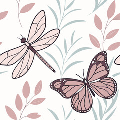 Soft Botanical Butterflies and Dragonflies Pattern:
Chic seamless pattern with butterflies, and dragonflies in gentle pastel hues. Perfect for textiles, stationery, and spring-inspired branding.