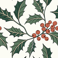 Holly and Berries: Traditional seamless pattern of holly branches with red berries. Perfect for holiday cards, festive packaging, and winter crafts.