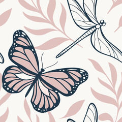 Soft Botanical Butterflies and Dragonflies:
Delicate seamless pattern of butterflies and dragonflies with pastel leaves. Great for spring textiles, feminine branding, and gentle wallpaper designs.