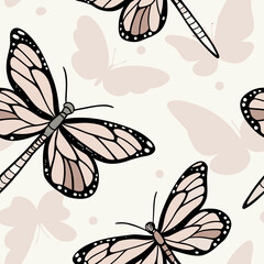 Dragonflies and Butterflies:
Minimal seamless pattern with dragonflies and butterflies outlined in soft pastel colors. Ideal for gentle kids’ decor, fabrics, and nature-inspired branding.