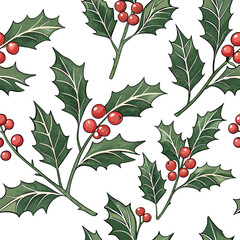 Holly Branches – Festive Botanical Pattern:
Seamless pattern featuring hand-drawn holly leaves and red berries. Perfect for holiday wrapping paper, festive decor, and seasonal greeting cards